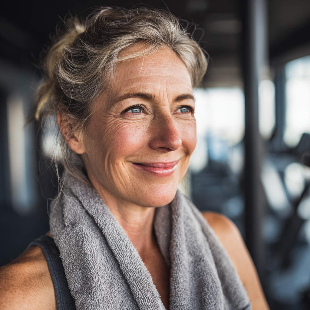 Жена на 52 години се усмихва след тренировка, с хавлия на врата, в светлата фитнес зала