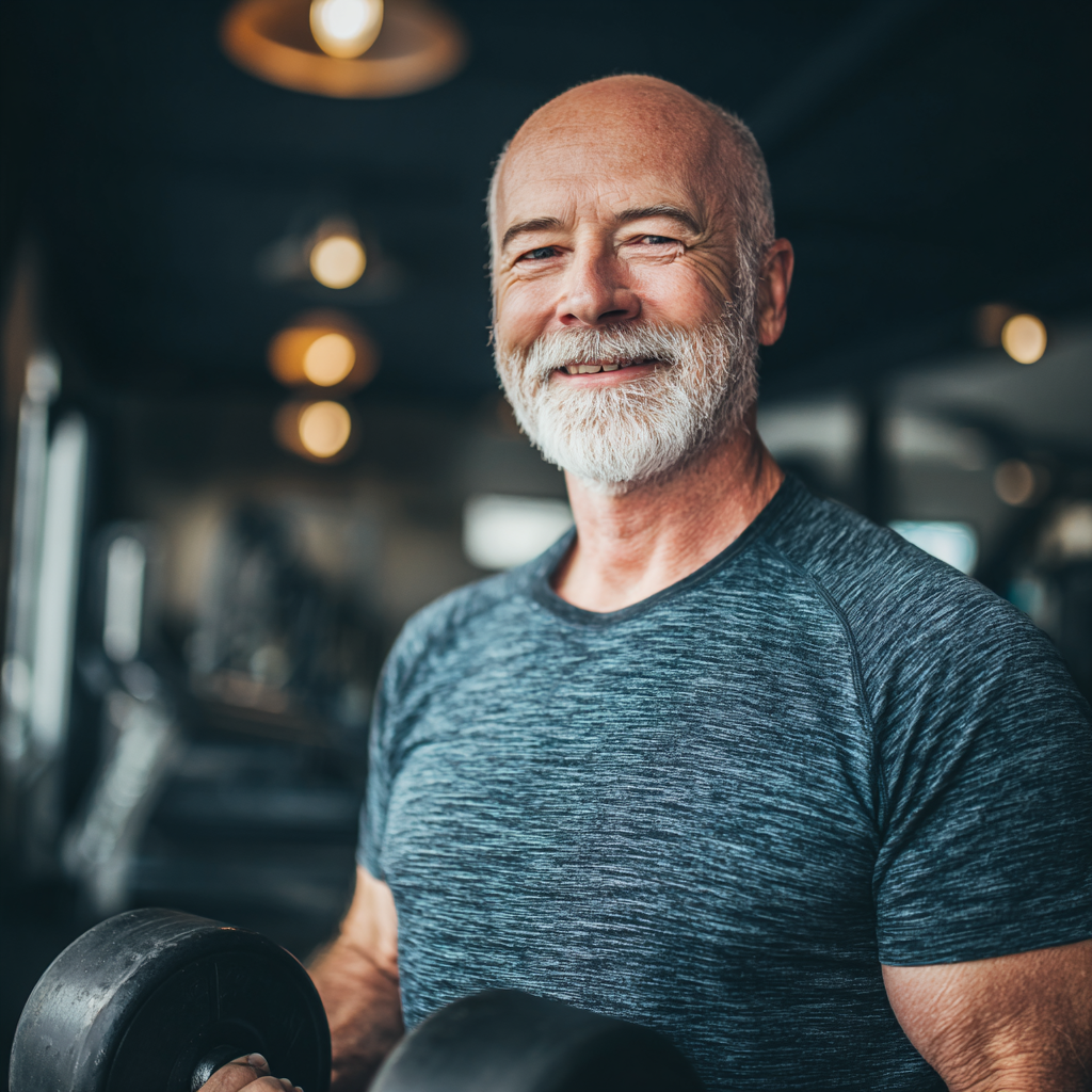 Мъж на 55 години вдига тежести в модерна фитнес зала, усмихнат и уверен в себе си