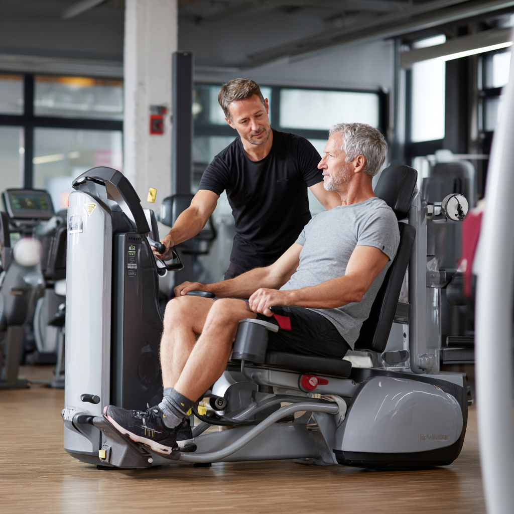 Мъж на 58 години използва модерен тренажор под наблюдение на инструктор в просторна фитнес зала