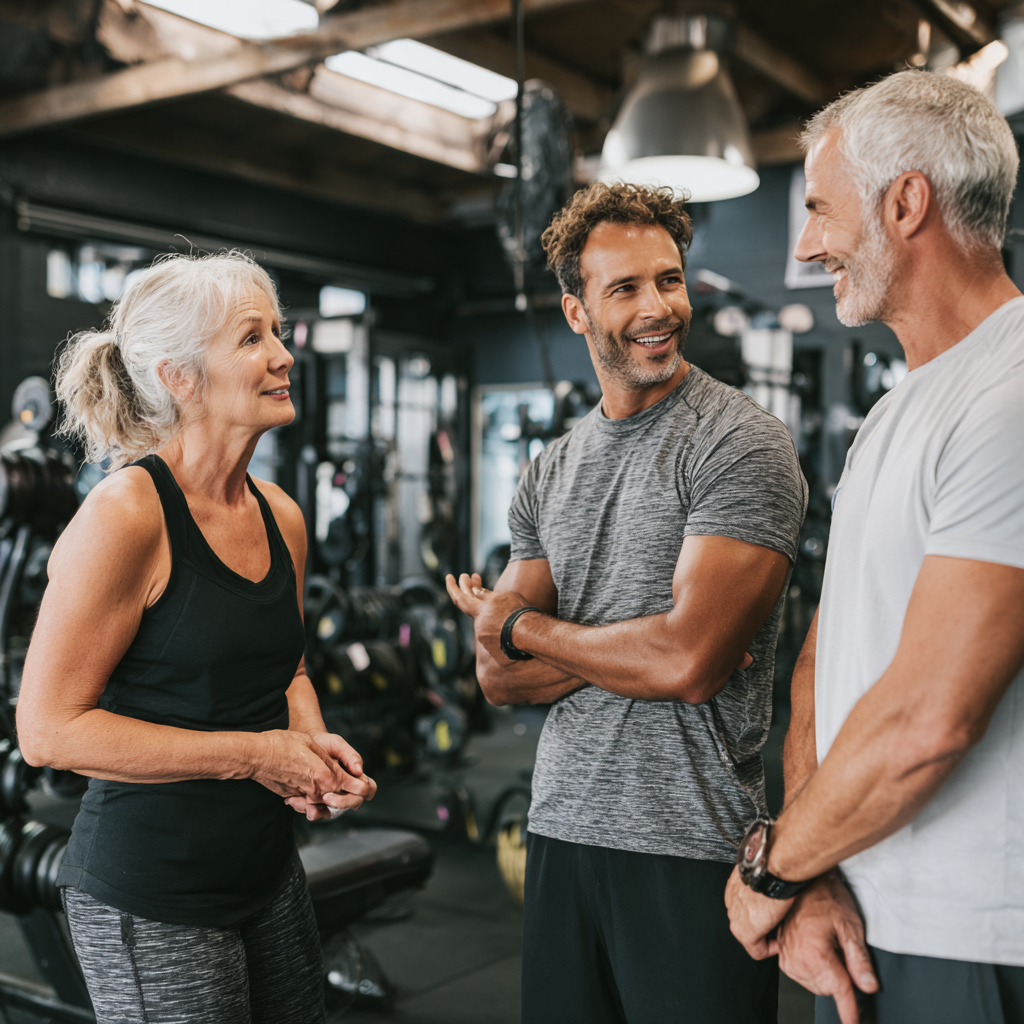 Персонален треньор обяснява упражнения на двойка в техните 50-те години в добре оборудвана фитнес зала